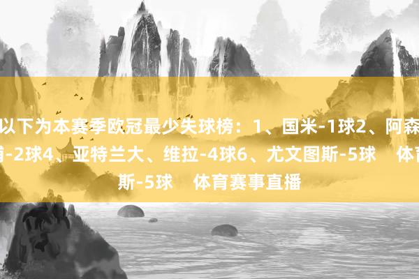 以下为本赛季欧冠最少失球榜：1、国米-1球2、阿森纳、利物浦-2球4、亚特兰大、维拉-4球6、尤文图斯-5球    体育赛事直播