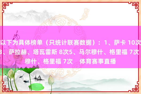以下为具体榜单（只统计联赛数据）：1、萨卡 10次2、亚马尔 9次3、萨拉赫、塔瓦雷斯 8次5、马尔穆什、格里福 7次    体育赛事直播